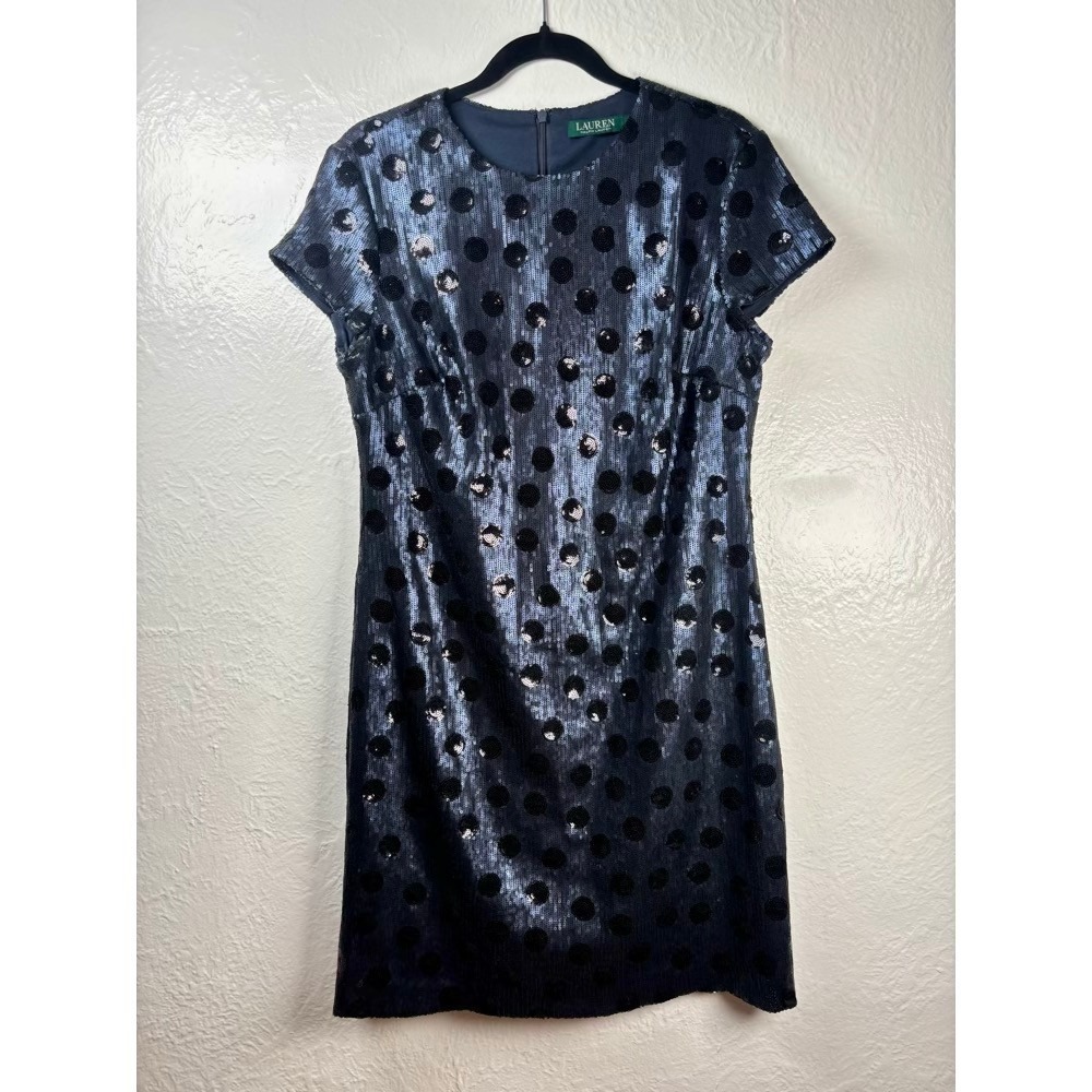 Lauren Ralph Lauren Cocktail Dress 14 Navy Sequin Black Polka Dot Sparkle Shift